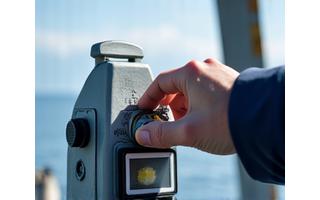 Technician calibrating meteorological equipment on a ship's deck