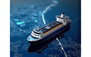 Ship navigating an optimized route on a digital map with weather overlays